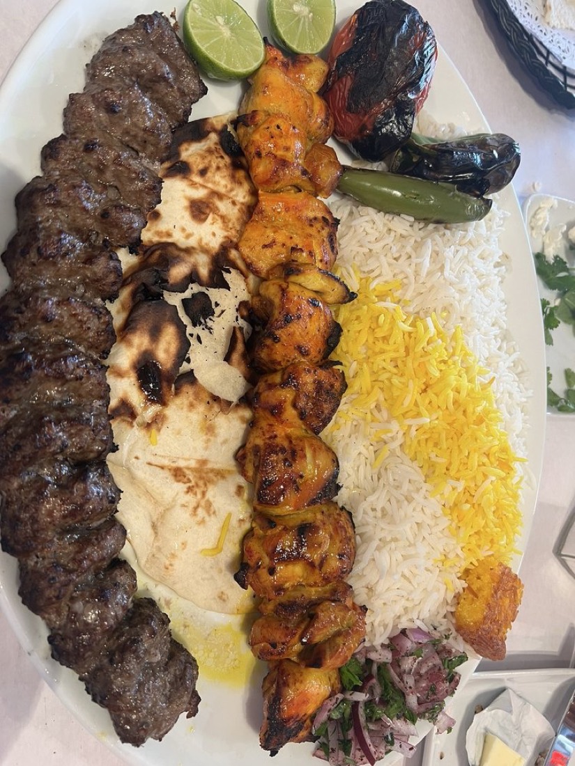 Large kabob platter with saffron rice, lavash, grilled tomato and pepper
